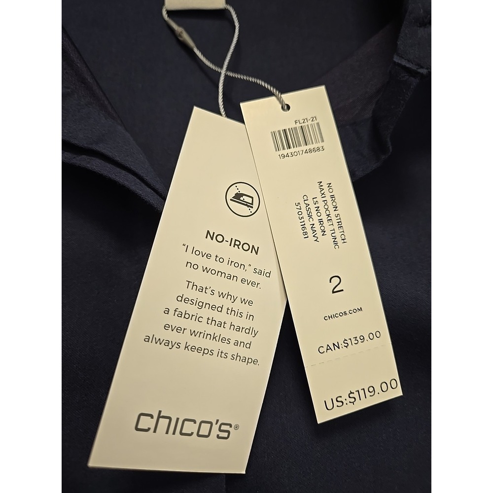 NWT Chico's 2 US 12 Classic Navy No Iron Stretch Maxi Pocket Tunic Office Classi - Picture 4 of 14